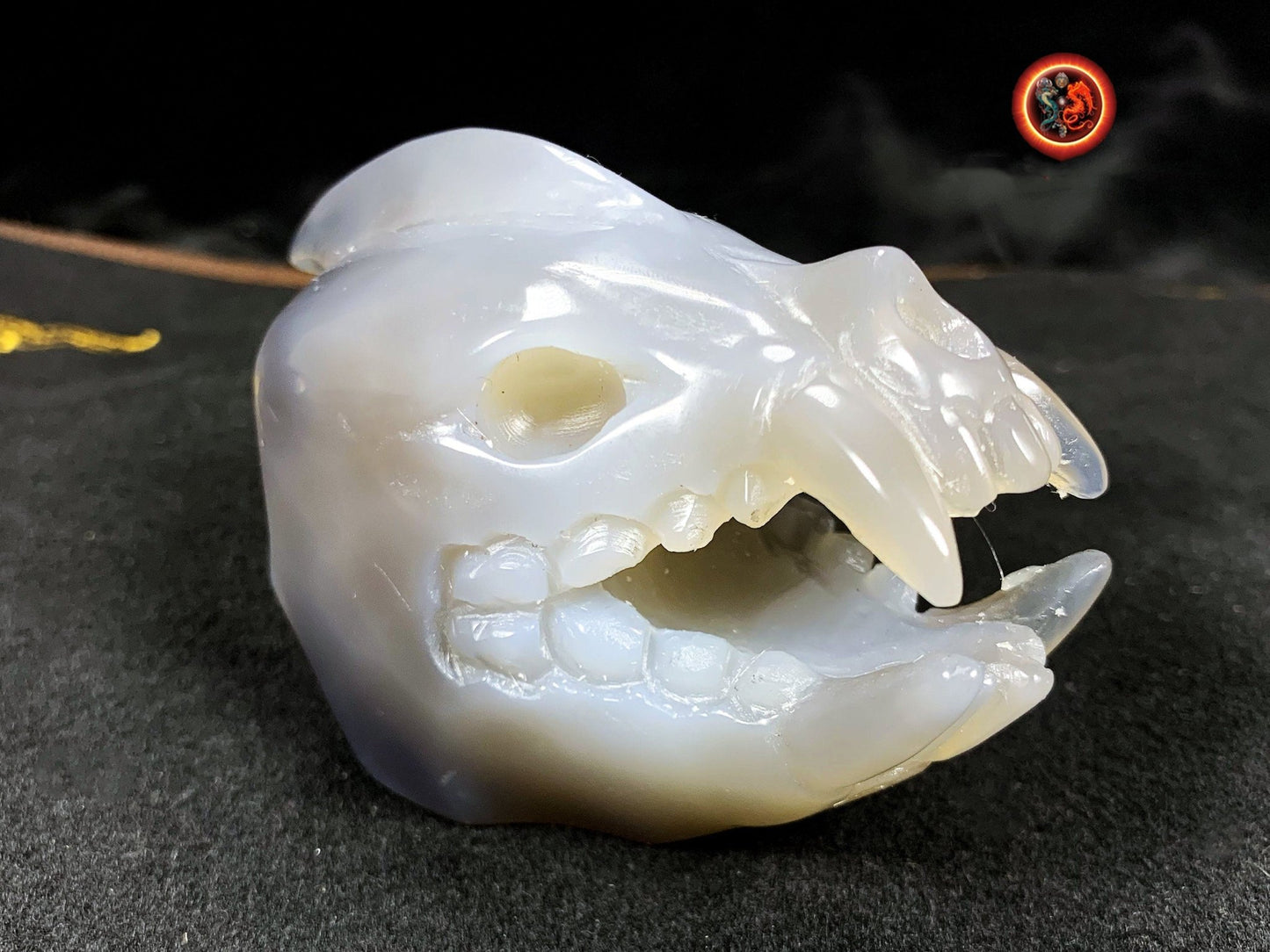 Crane de protection. Leopard Zheng. Dragon. Aspirateur d'energie impure, garant de l'ordre cosmique. Crane de dragon, sculpté dans une geode - obsidian dragon