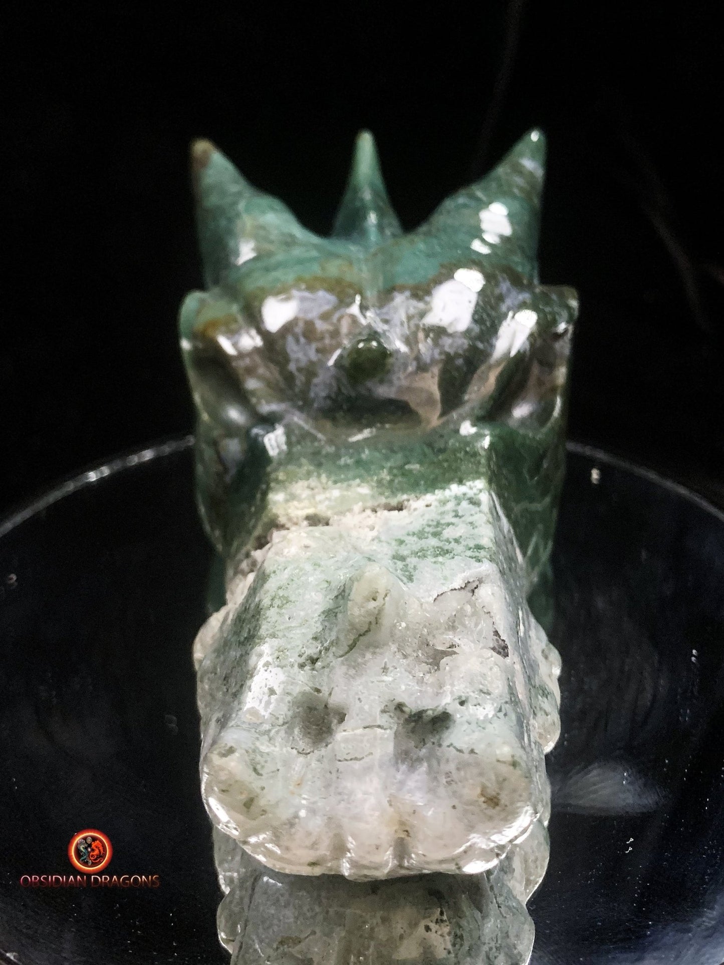 Grand crâne de dragon sculpté en agate mousse | obsidian dragons