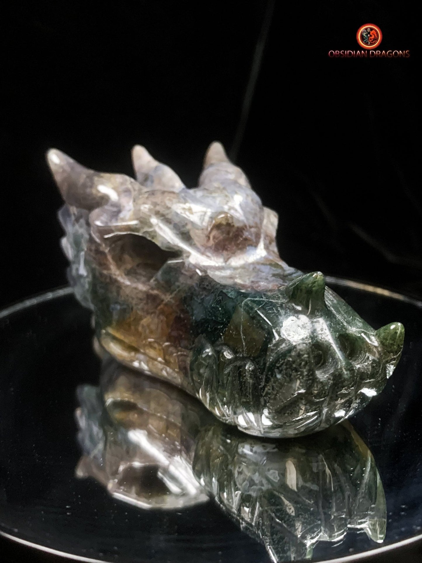 Crâne de dragon sculpté en agate mousse- Rare | obsidian dragons