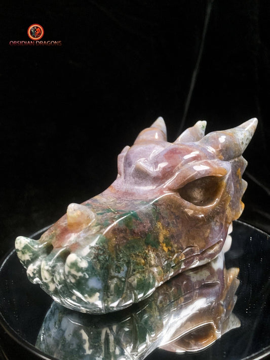 Crâne de dragon en agate mousse | obsidian dragons