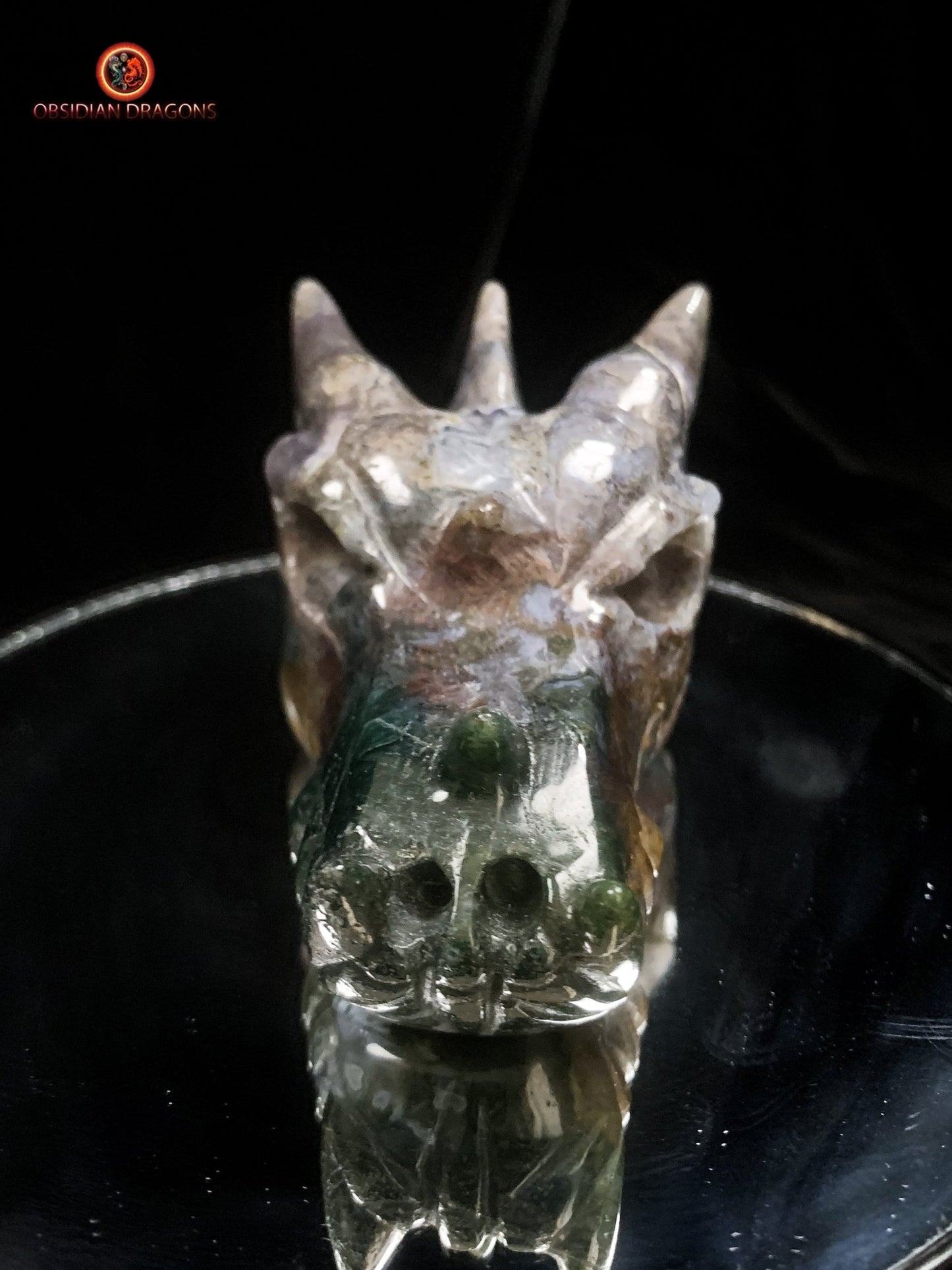 Crâne de dragon sculpté en agate mousse- Rare | obsidian dragons