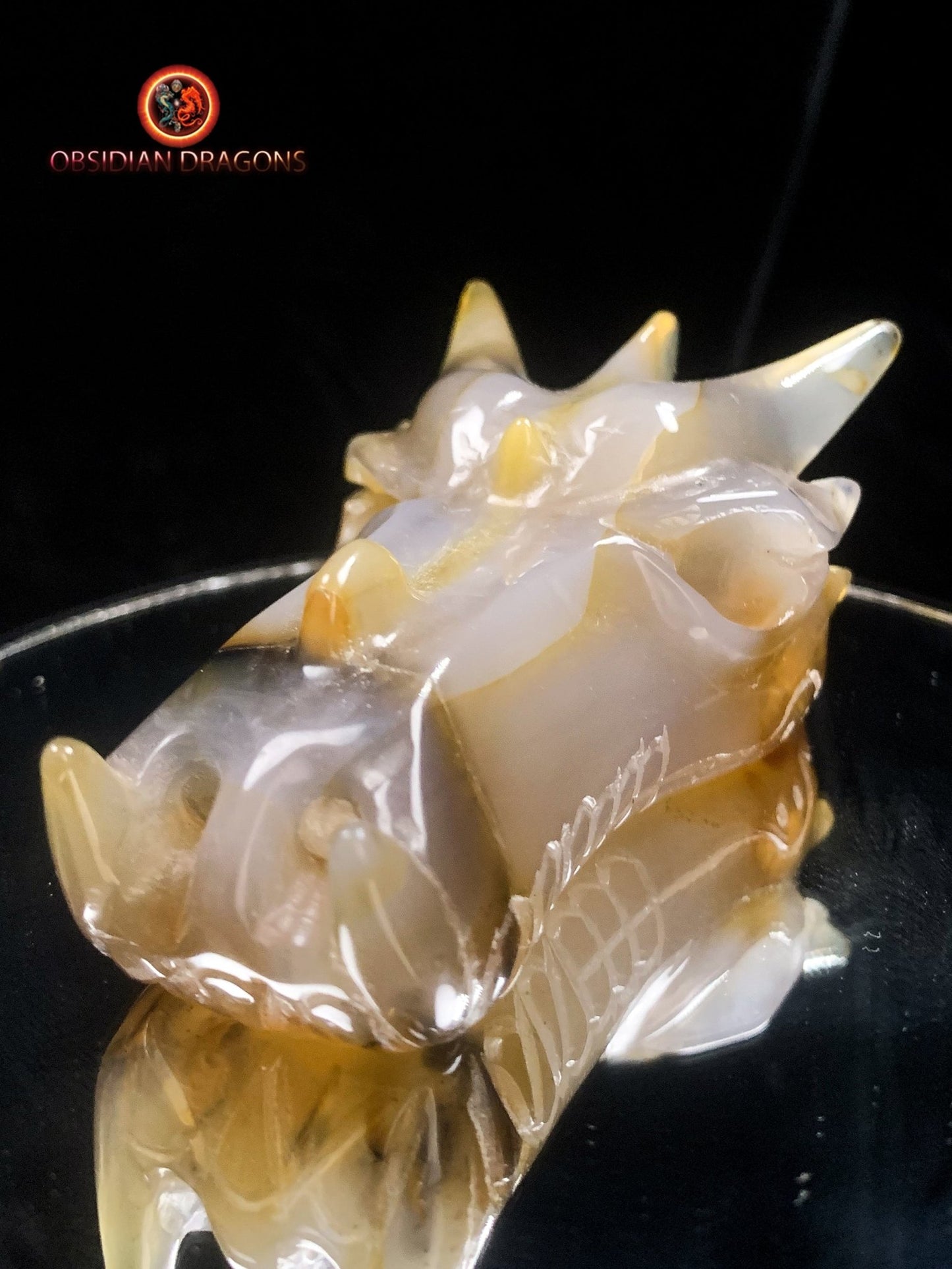 Crâne de dragon sculpté dans une géode de quartz | obsidian dragons