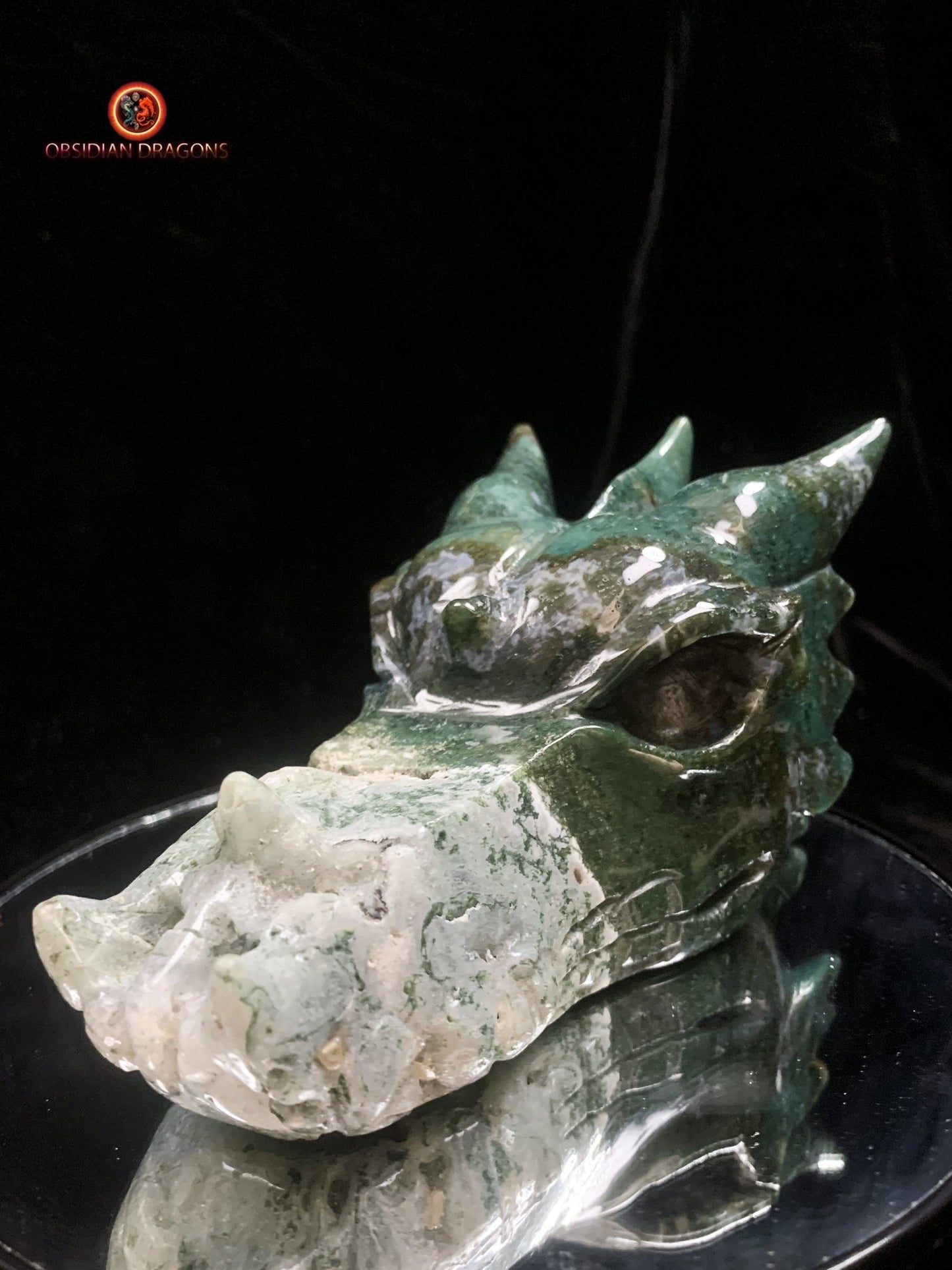 Grand crâne de dragon sculpté en agate mousse | obsidian dragons