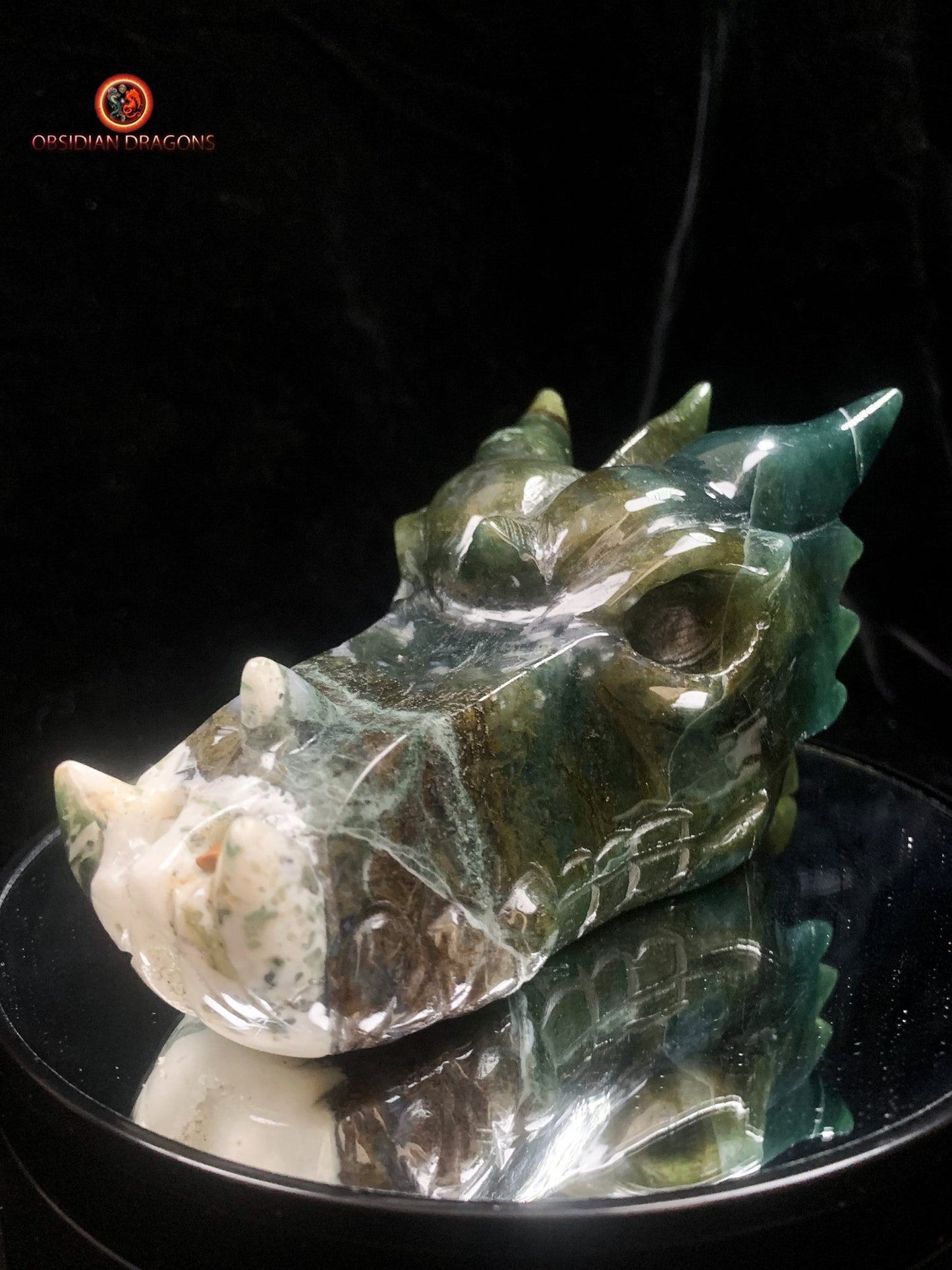 Grand crâne de dragon sculpté en agate mousse- Unique | obsidian dragons