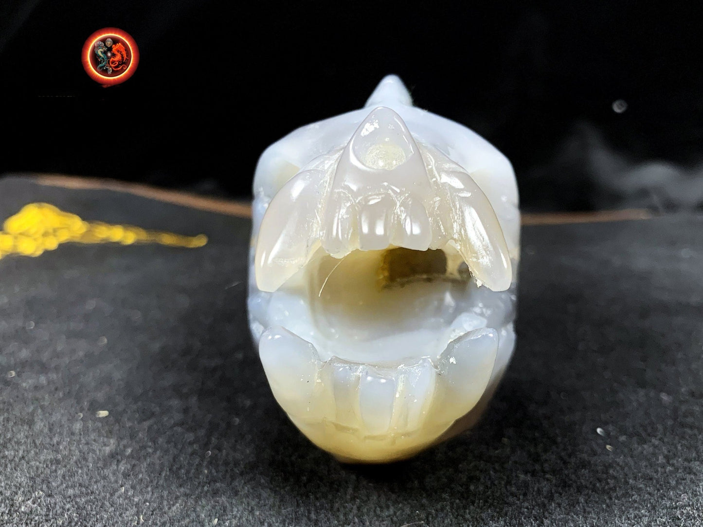 Crane de protection. Leopard Zheng. Dragon. Aspirateur d'energie impure, garant de l'ordre cosmique. Crane de dragon, sculpté dans une geode - obsidian dragon