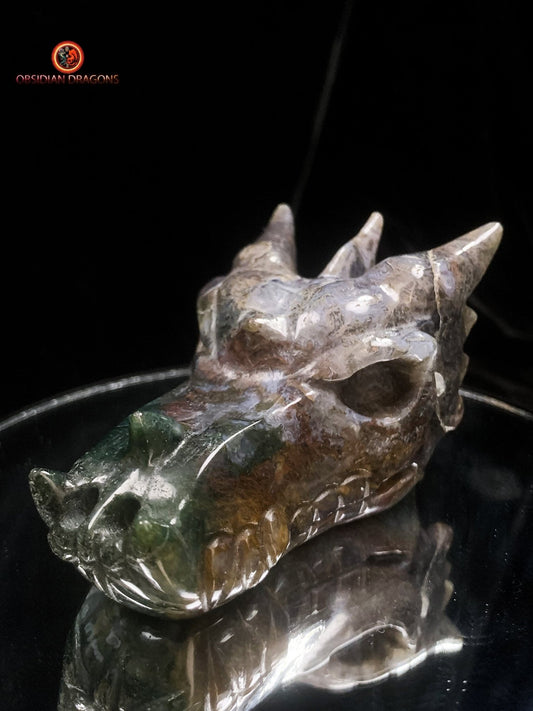 Crâne de dragon sculpté en agate mousse- Rare | obsidian dragons