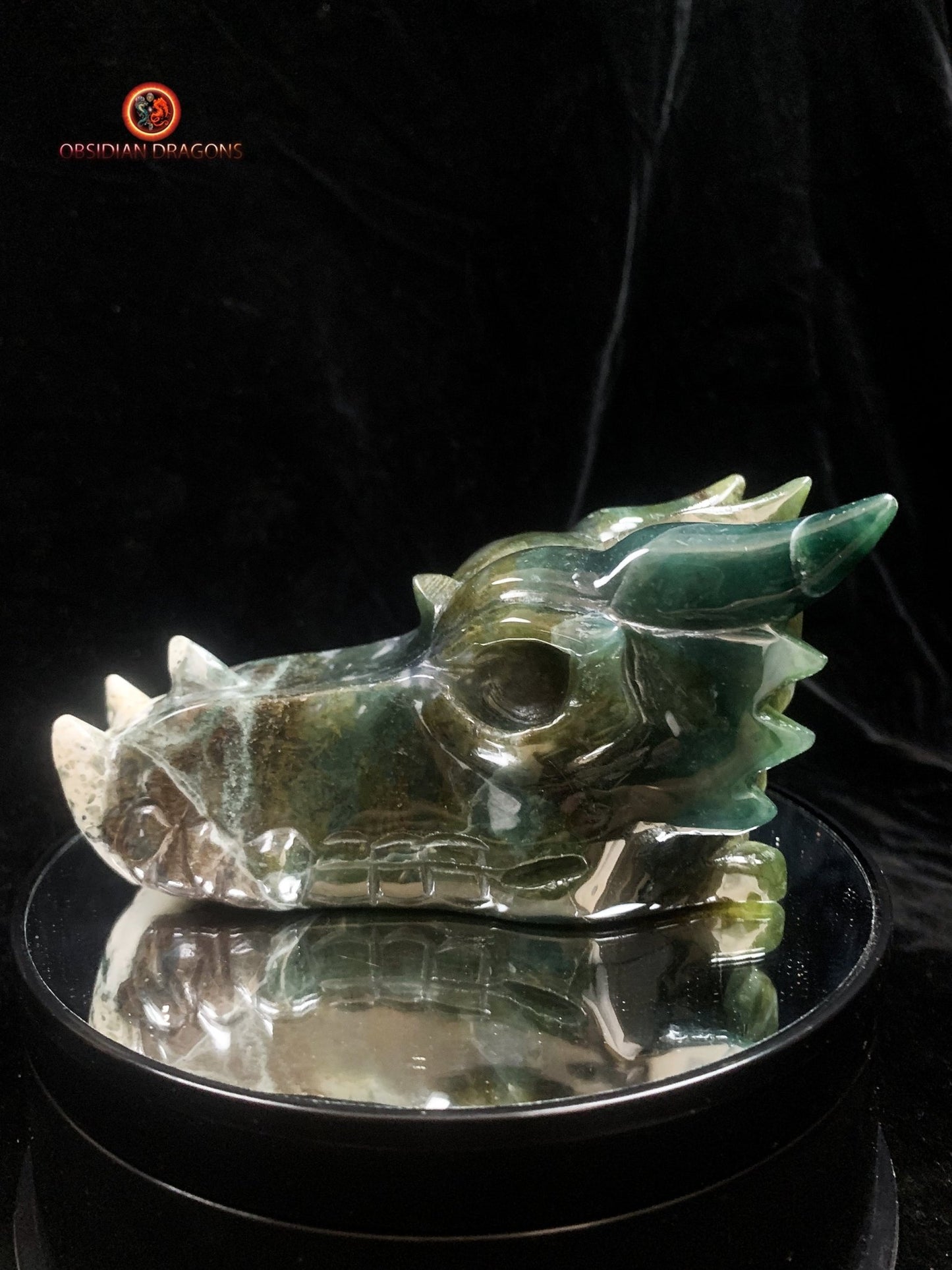 Grand crâne de dragon sculpté en agate mousse- Unique | obsidian dragons