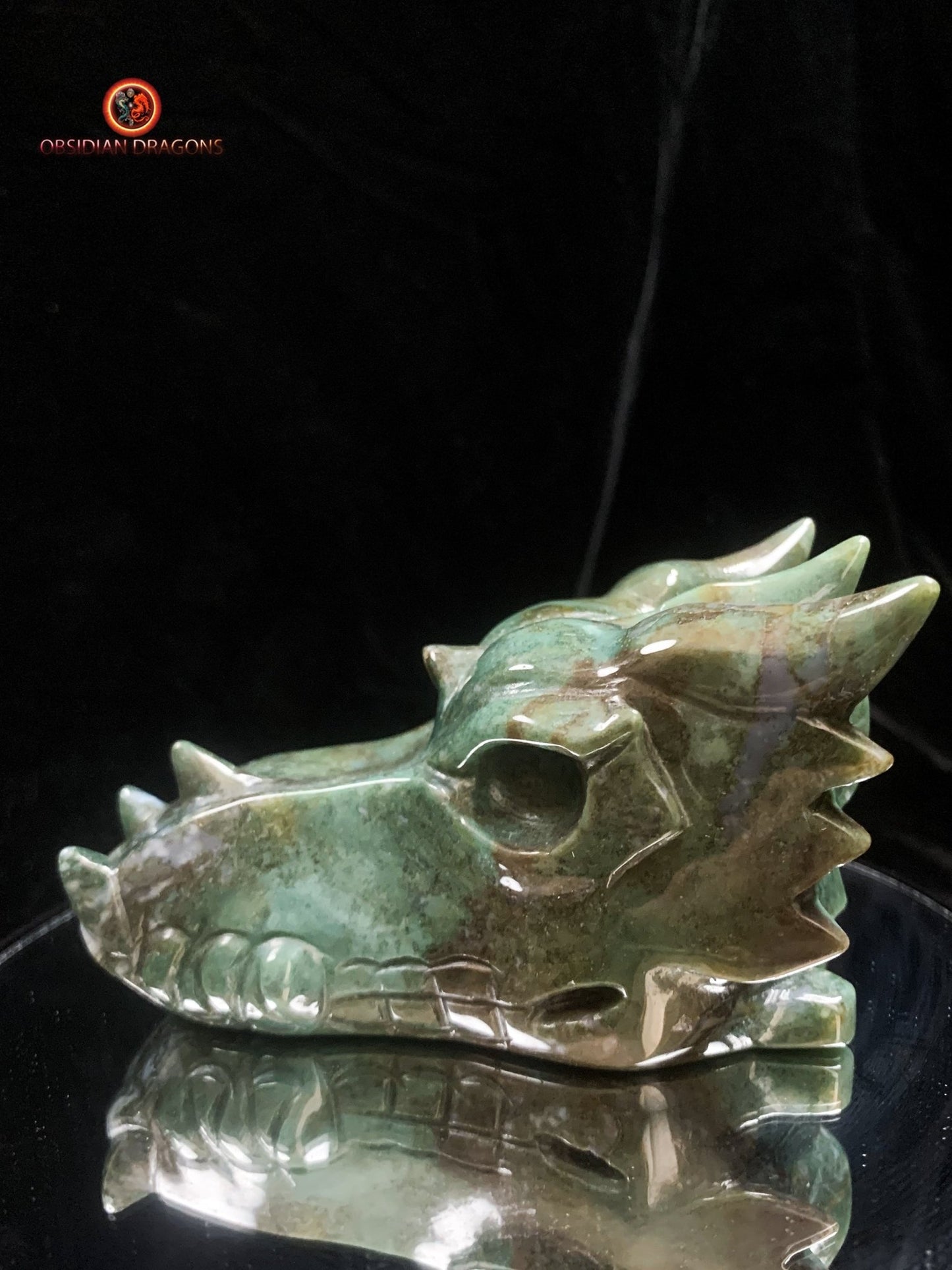 Crâne de dragon sculpté en agate mousse- naturel | obsidian dragons
