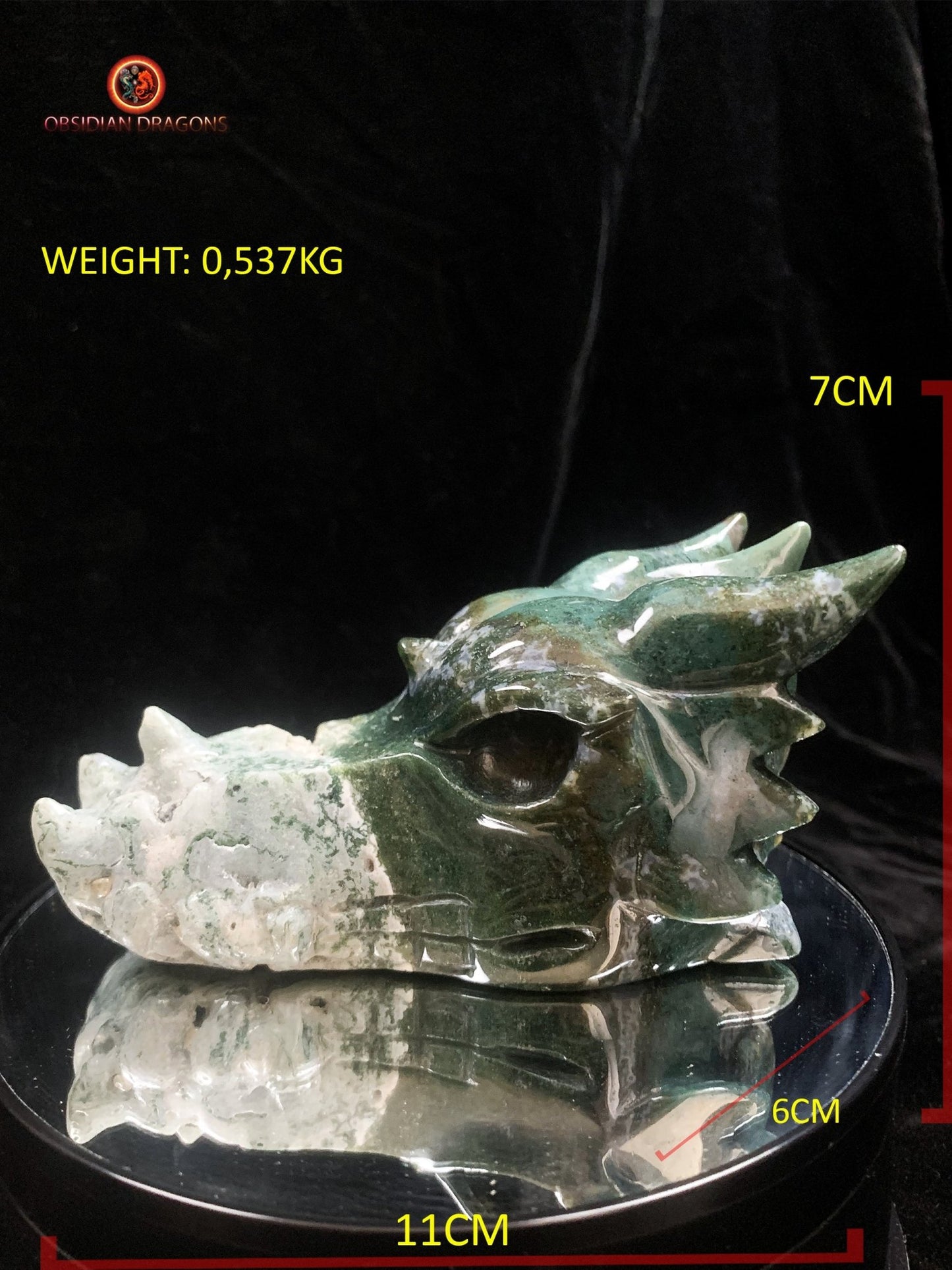 Grand crâne de dragon sculpté en agate mousse | obsidian dragons