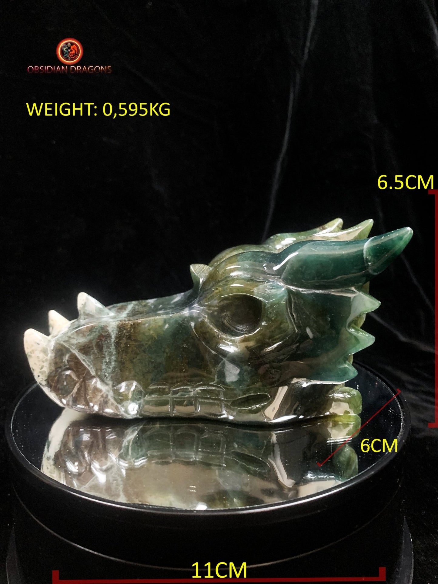 Grand crâne de dragon sculpté en agate mousse- Unique | obsidian dragons