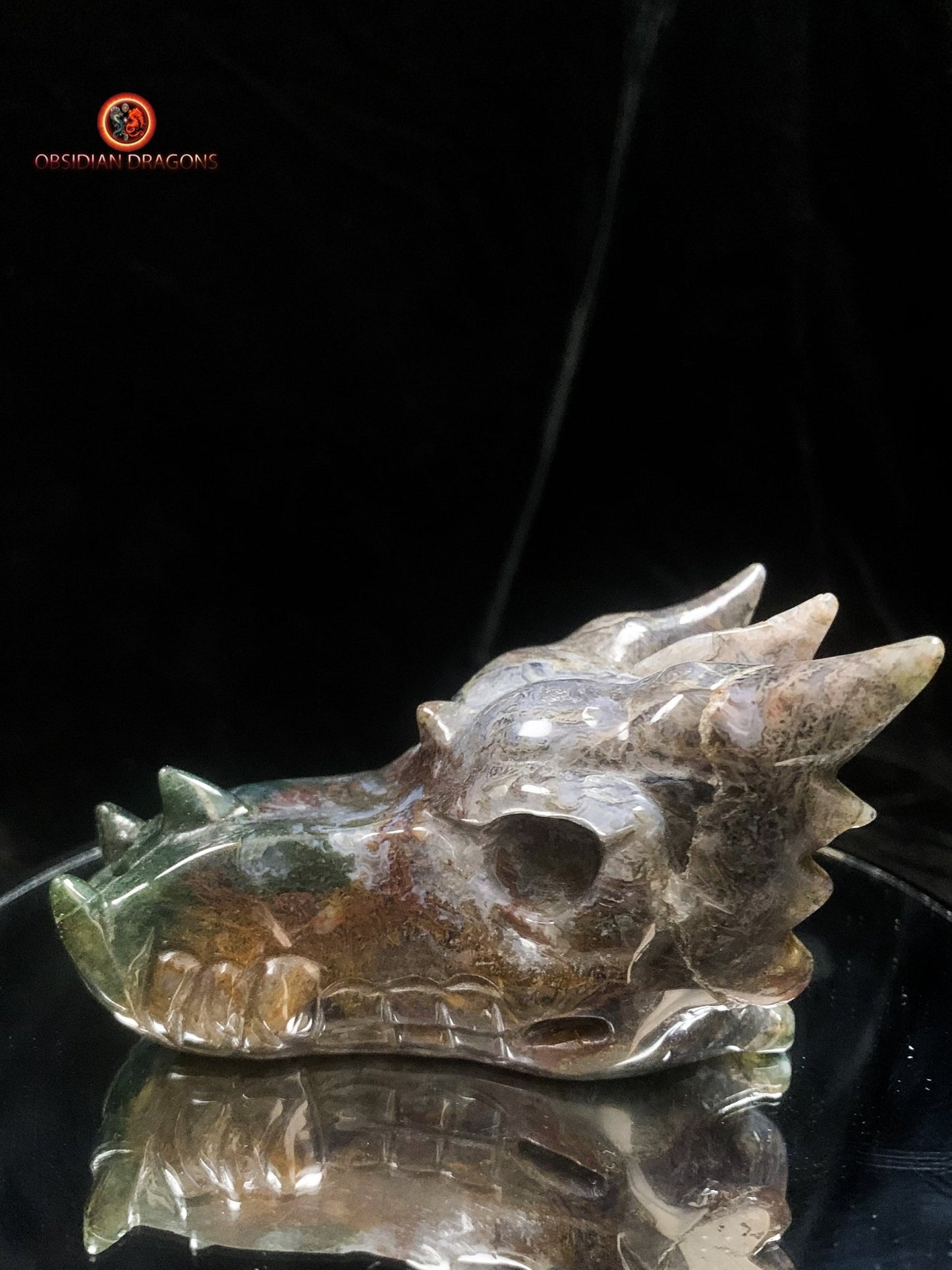Crâne de dragon sculpté en agate mousse- Rare | obsidian dragons