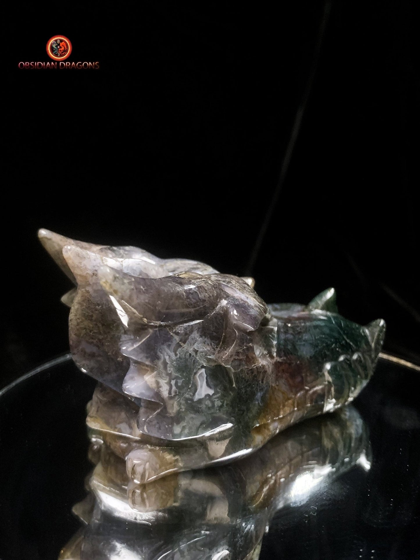 Crâne de dragon sculpté en agate mousse- Rare | obsidian dragons