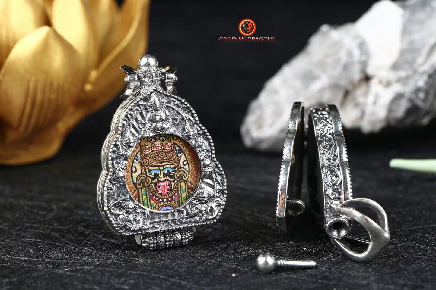 Ghau Tibétain- Tangka artisanal- Zakiram- Mantras de richesses | obsidian dragons