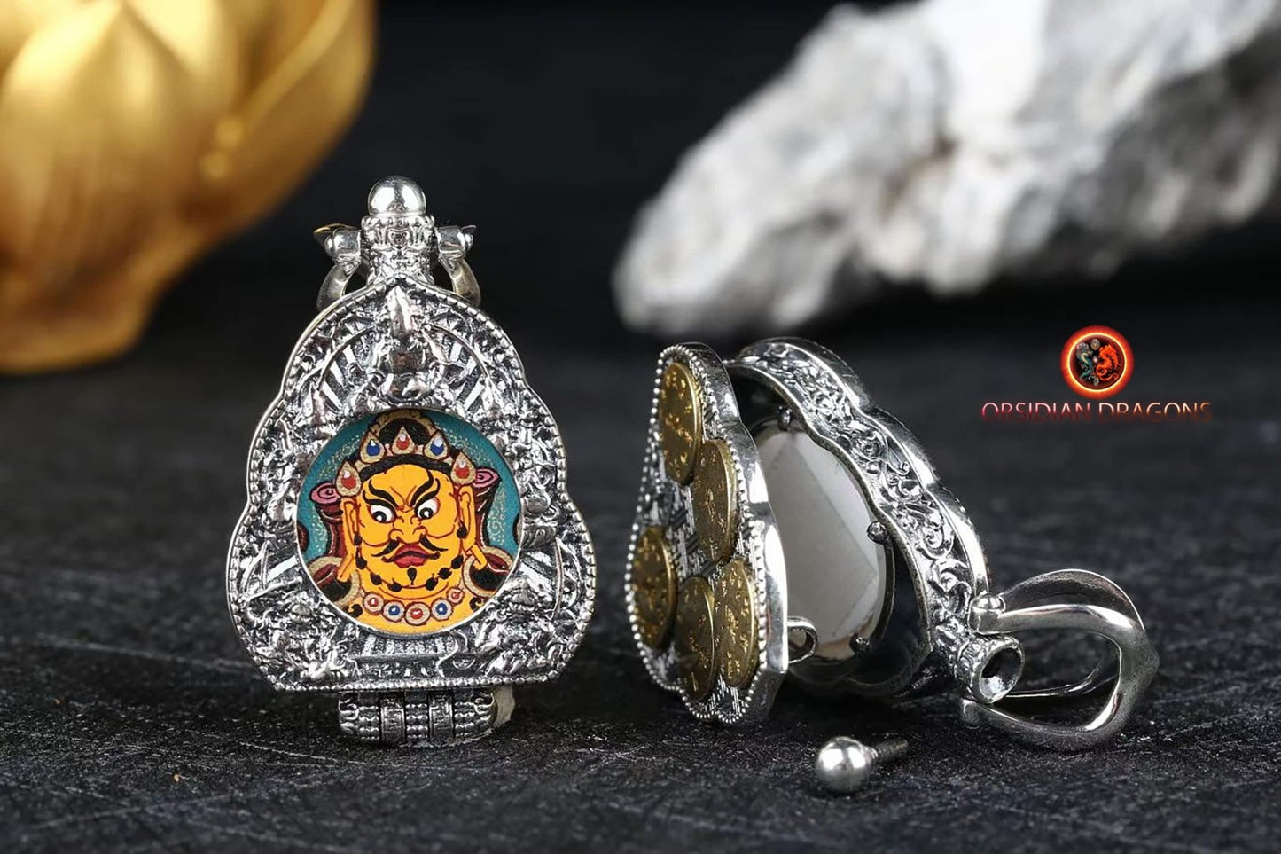 Ghau Tibétain- Tangka artisanal- Jambhala- Mantras de richesses | obsidian dragons