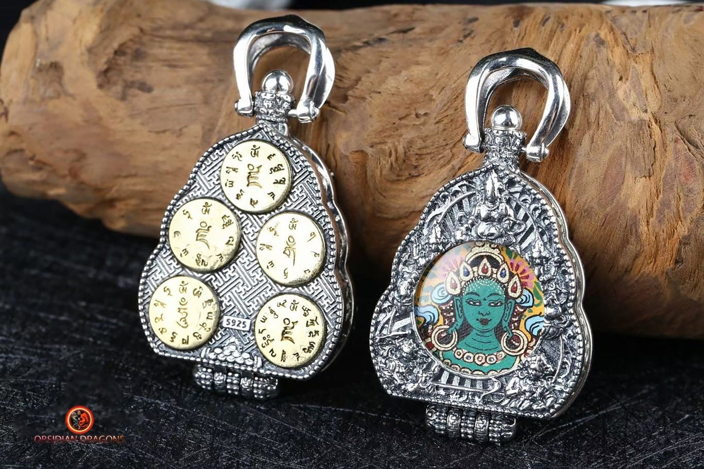 Ghau Tibétain- Tangka artisanal- Tara- Mantras de richesses - obsidian dragons