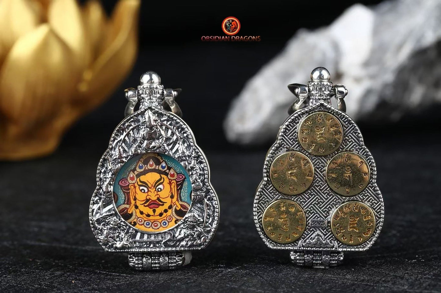 Ghau Tibétain- Tangka artisanal- Jambhala- Mantras de richesses | obsidian dragons