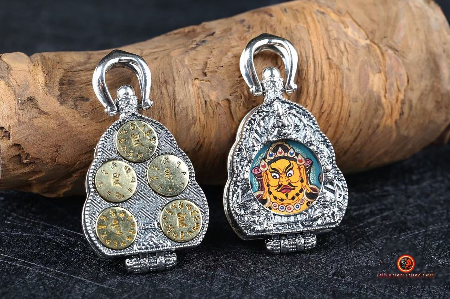 Ghau Tibétain- Tangka artisanal- Jambhala- Mantras de richesses | obsidian dragons