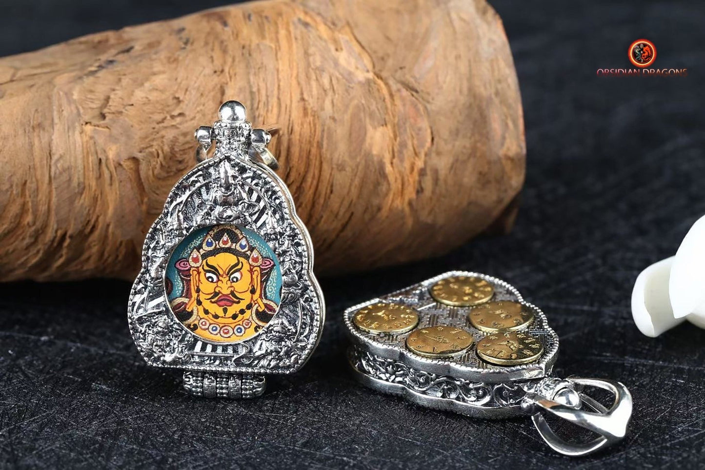Ghau Tibétain- Tangka artisanal- Jambhala- Mantras de richesses | obsidian dragons