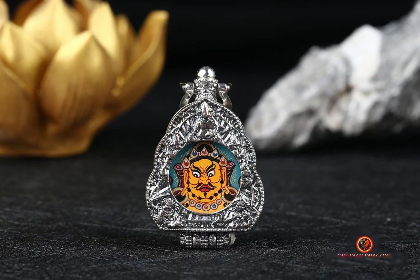 Ghau Tibétain- Tangka artisanal- Jambhala- Mantras de richesses | obsidian dragons
