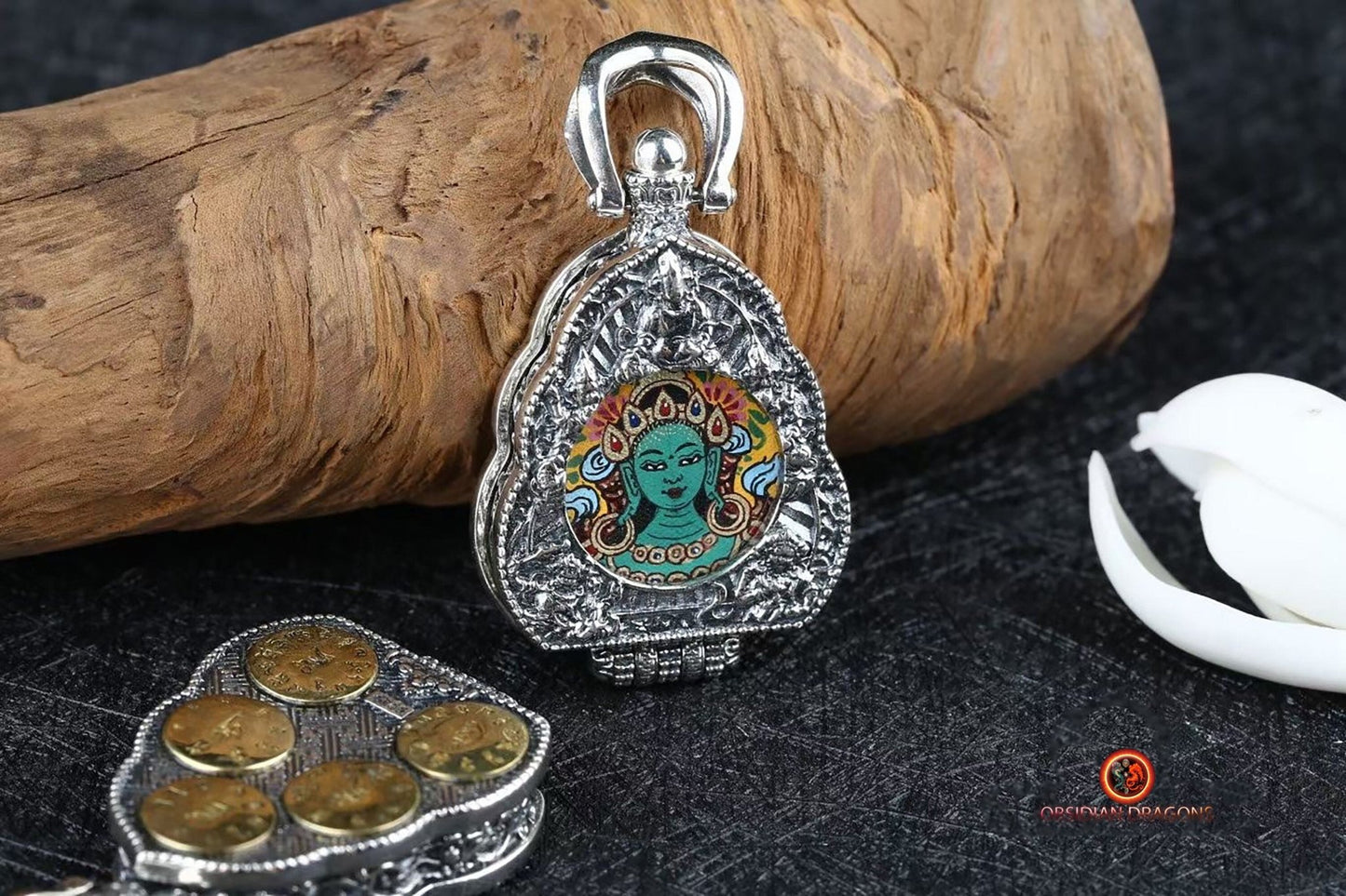 Ghau Tibétain- Tangka artisanal- Tara- Mantras de richesses - obsidian dragons