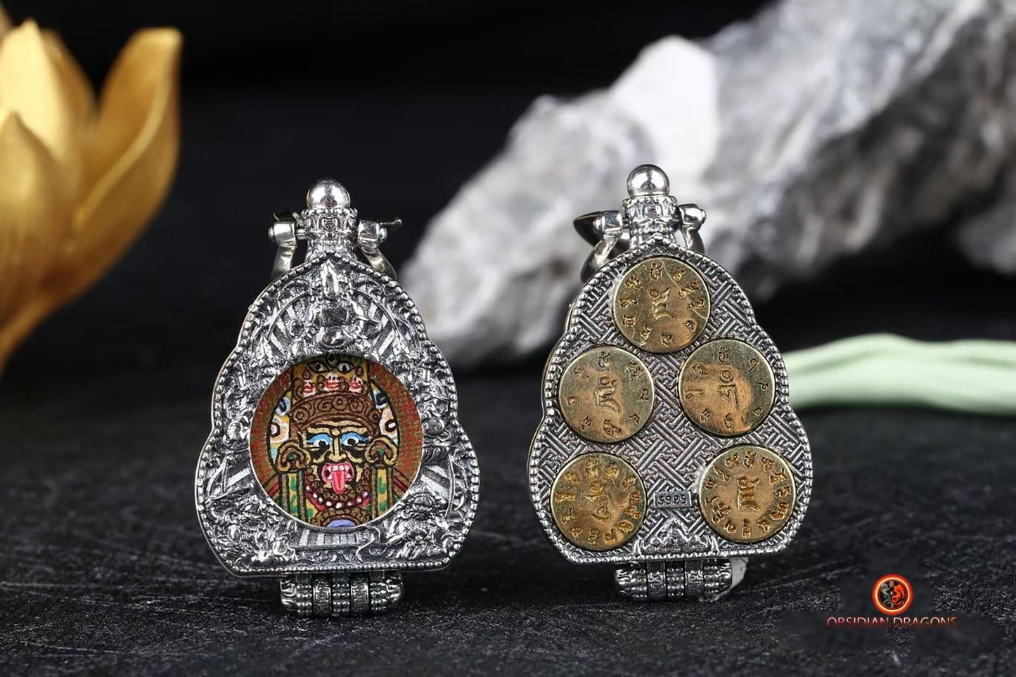 Ghau Tibétain- Tangka artisanal- Zakiram- Mantras de richesses | obsidian dragons