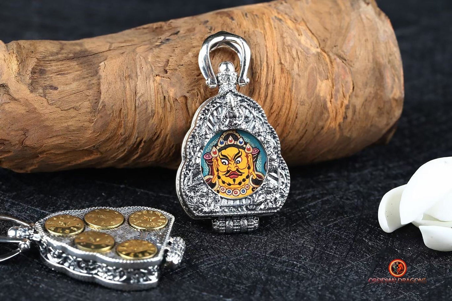 Ghau Tibétain- Tangka artisanal- Jambhala- Mantras de richesses | obsidian dragons