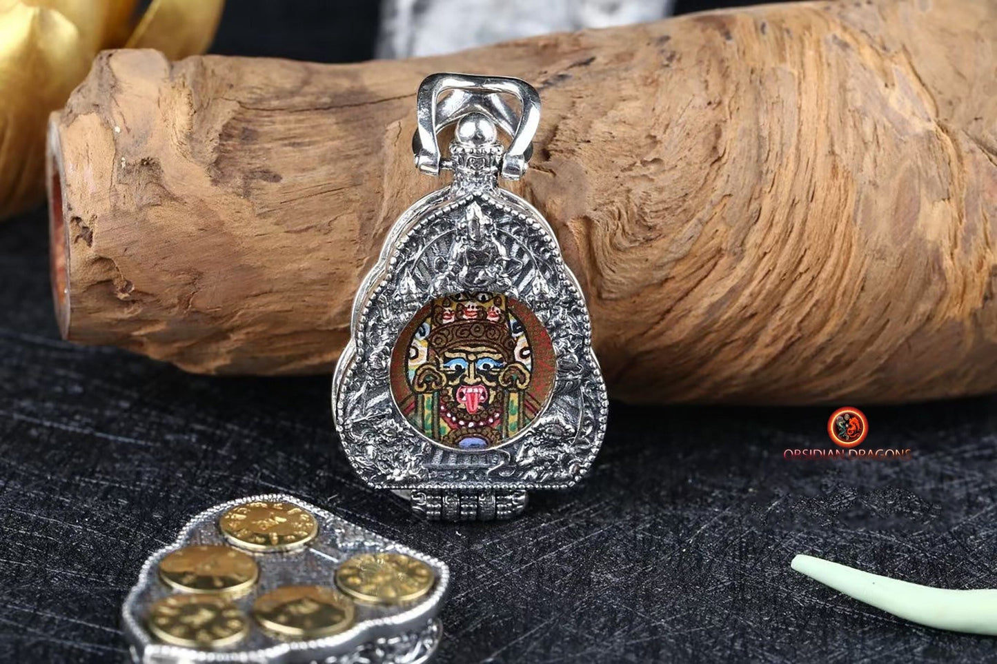Ghau Tibétain- Tangka artisanal- Zakiram- Mantras de richesses | obsidian dragons