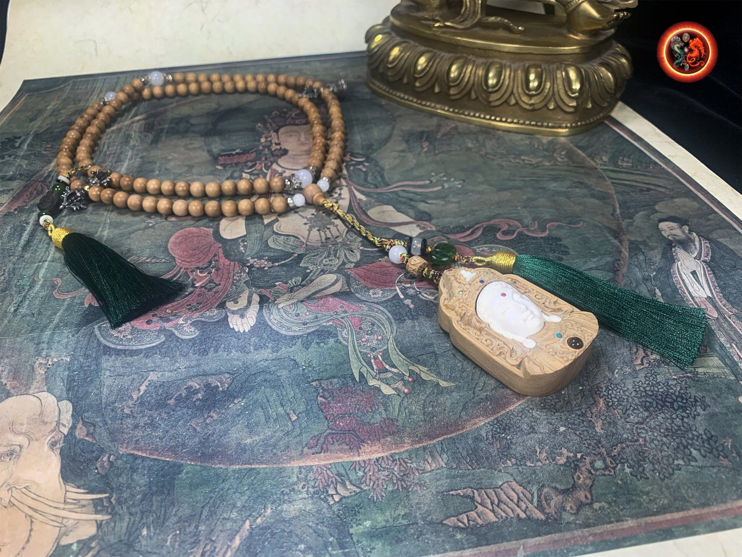 Mala en santal de haute qualité- Pendentif Cherenzi artisanal | obsidian dragons