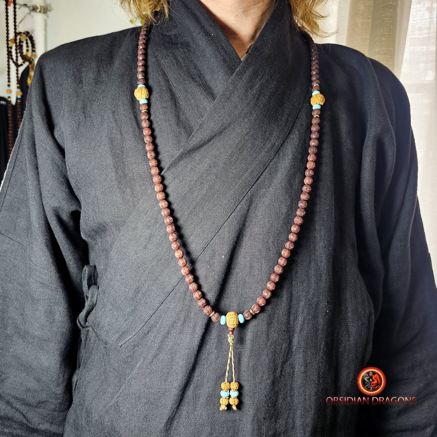 Mala artisanal- Santal rouge, turquoise et Rudraksha