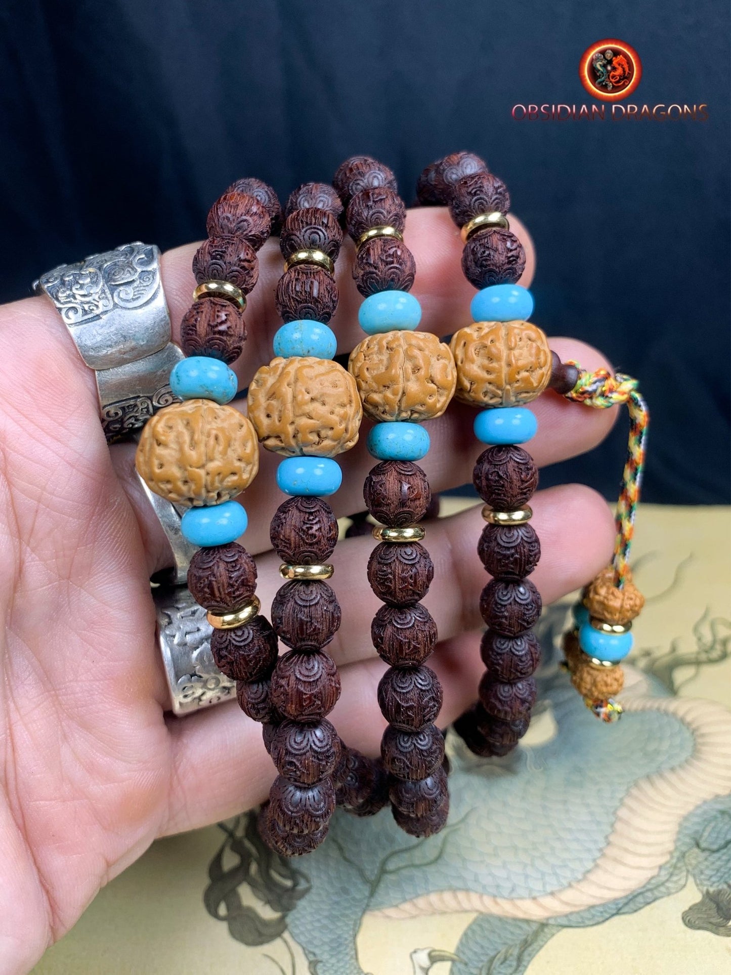 Mala artisanal- Santal rouge, turquoise et Rudraksha