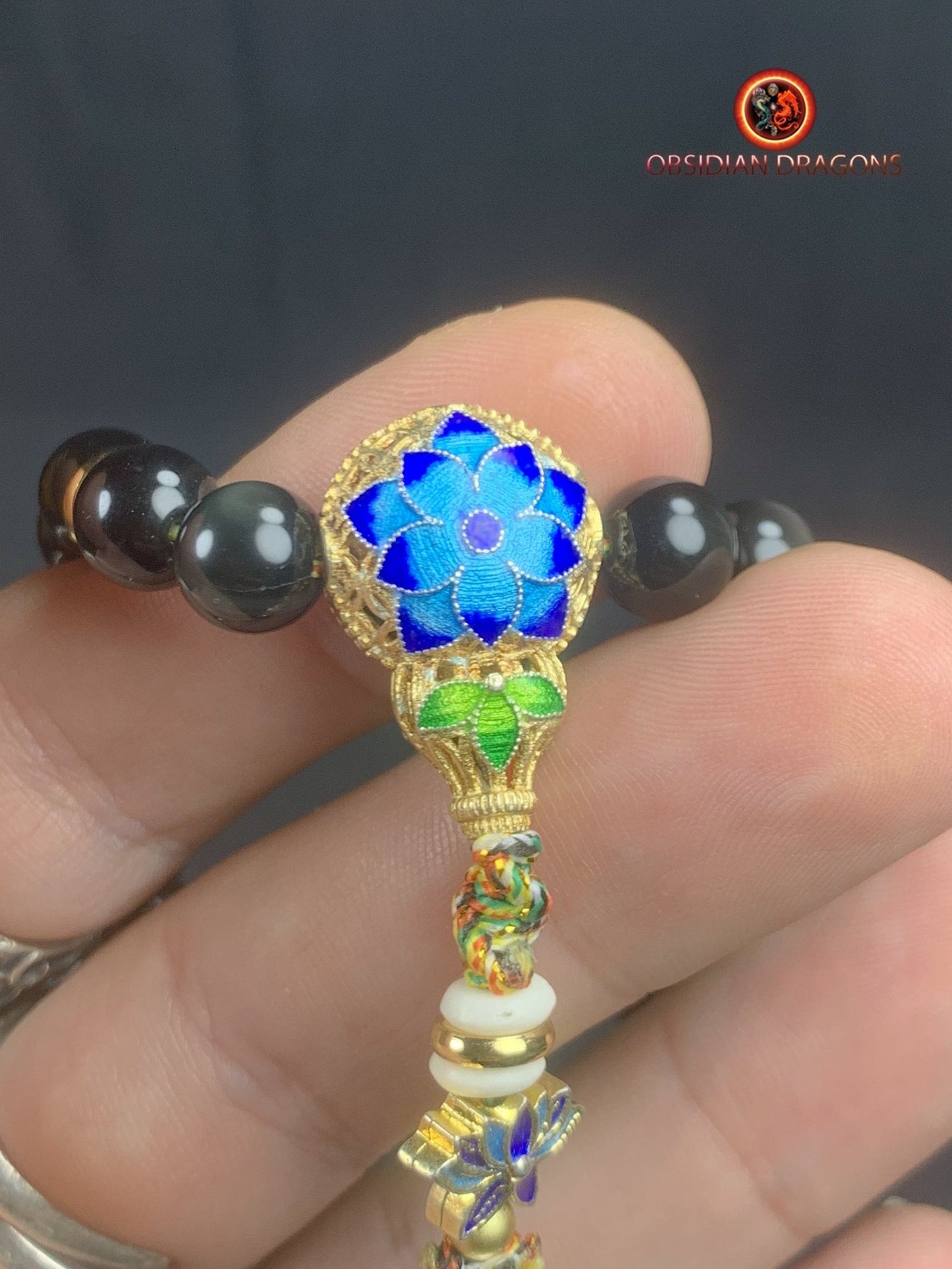 Mala artisanal en obsidienne oeil celeste- Pendentif bouddha