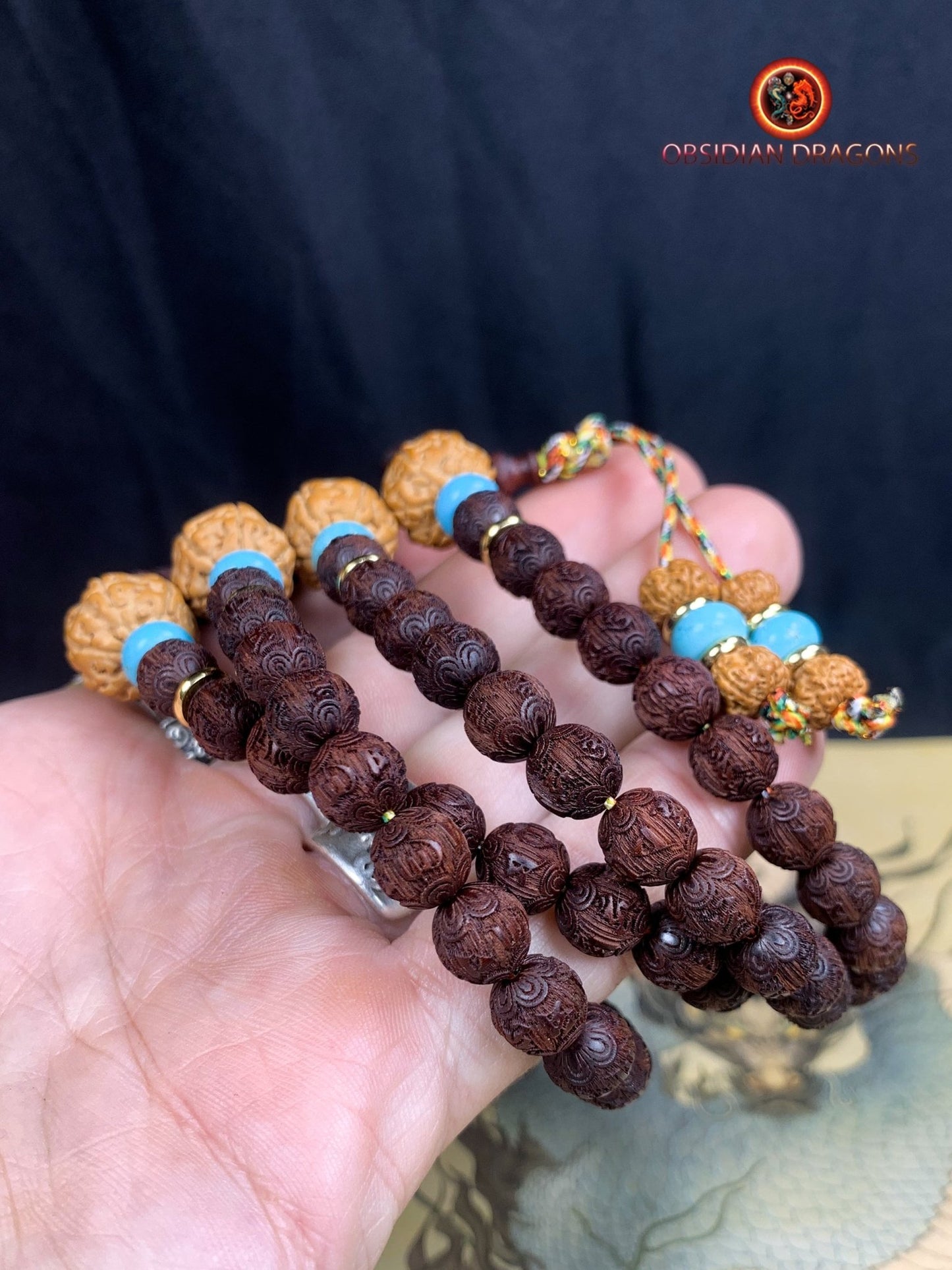 Mala artisanal- Santal rouge, turquoise et Rudraksha