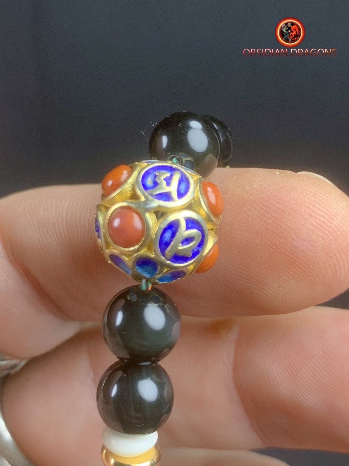 Mala artisanal en obsidienne oeil celeste- Pendentif bouddha