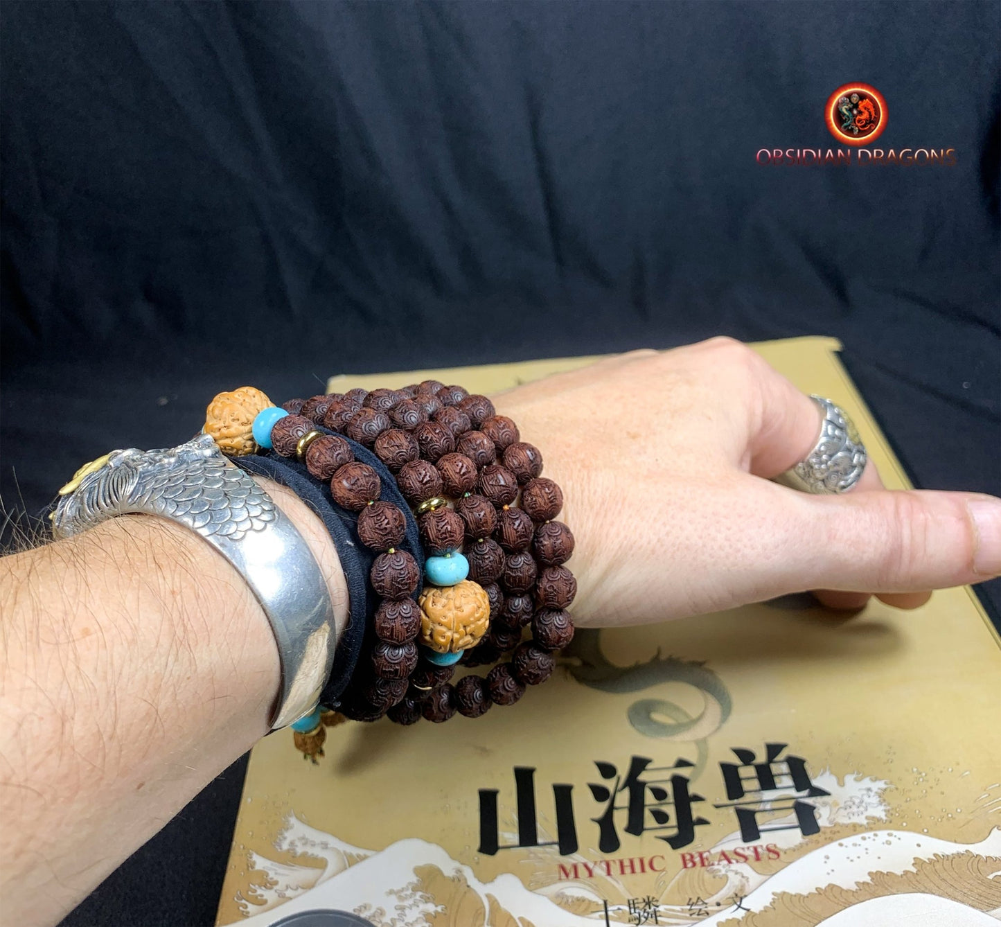 Mala artisanal- Santal rouge, turquoise et Rudraksha