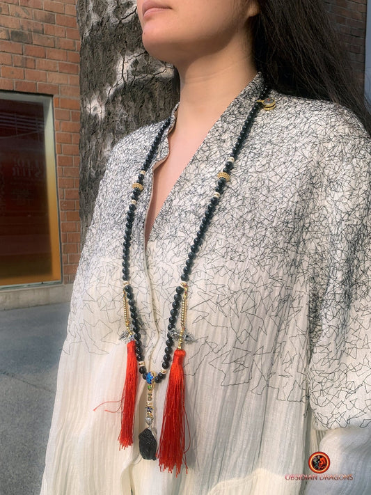 Mala artisanal en obsidienne oeil celeste- Pendentif bouddha