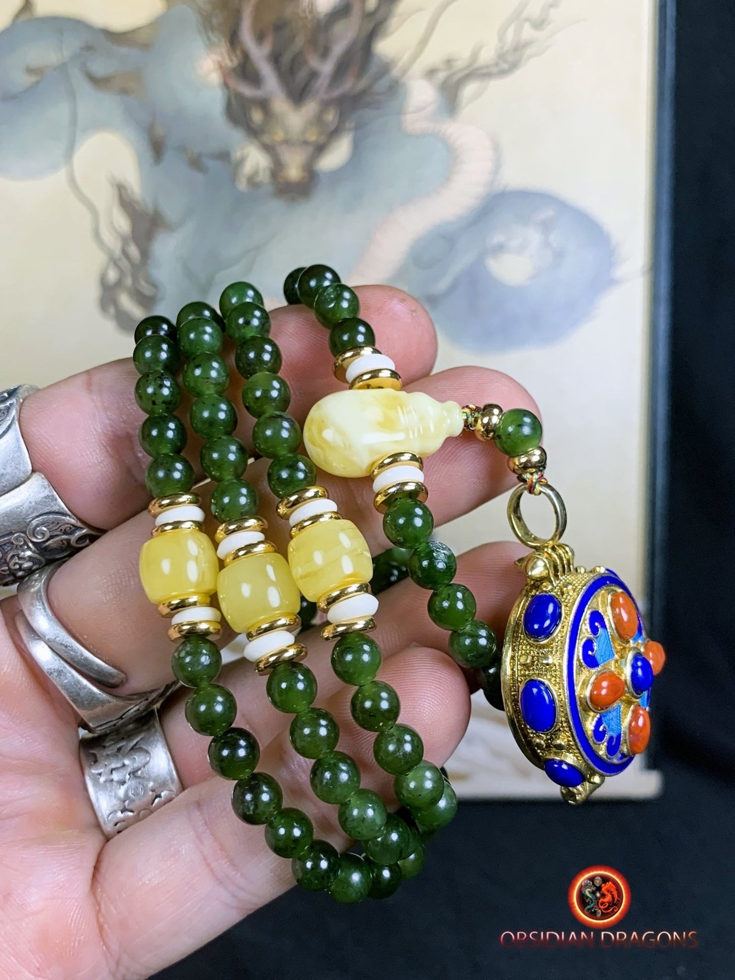 Mala en Jade vert- reliquaire bouddhiste