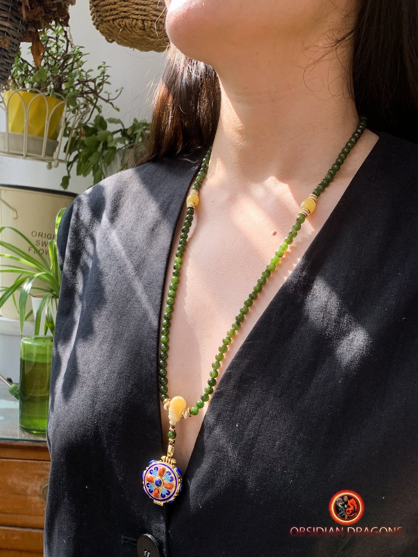 Mala en Jade vert- reliquaire bouddhiste