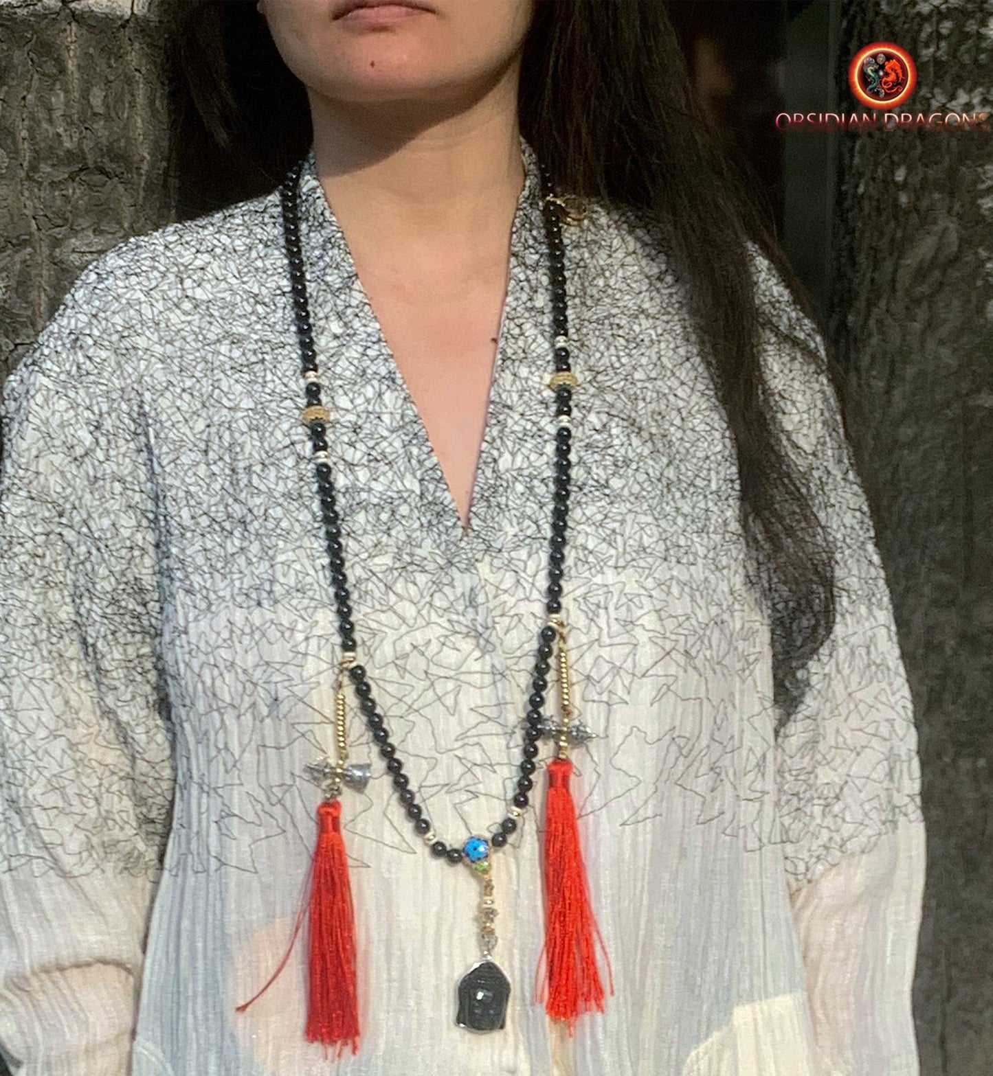 Mala artisanal en obsidienne oeil celeste- Pendentif bouddha