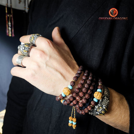 Mala artisanal- Santal rouge, turquoise et Rudraksha