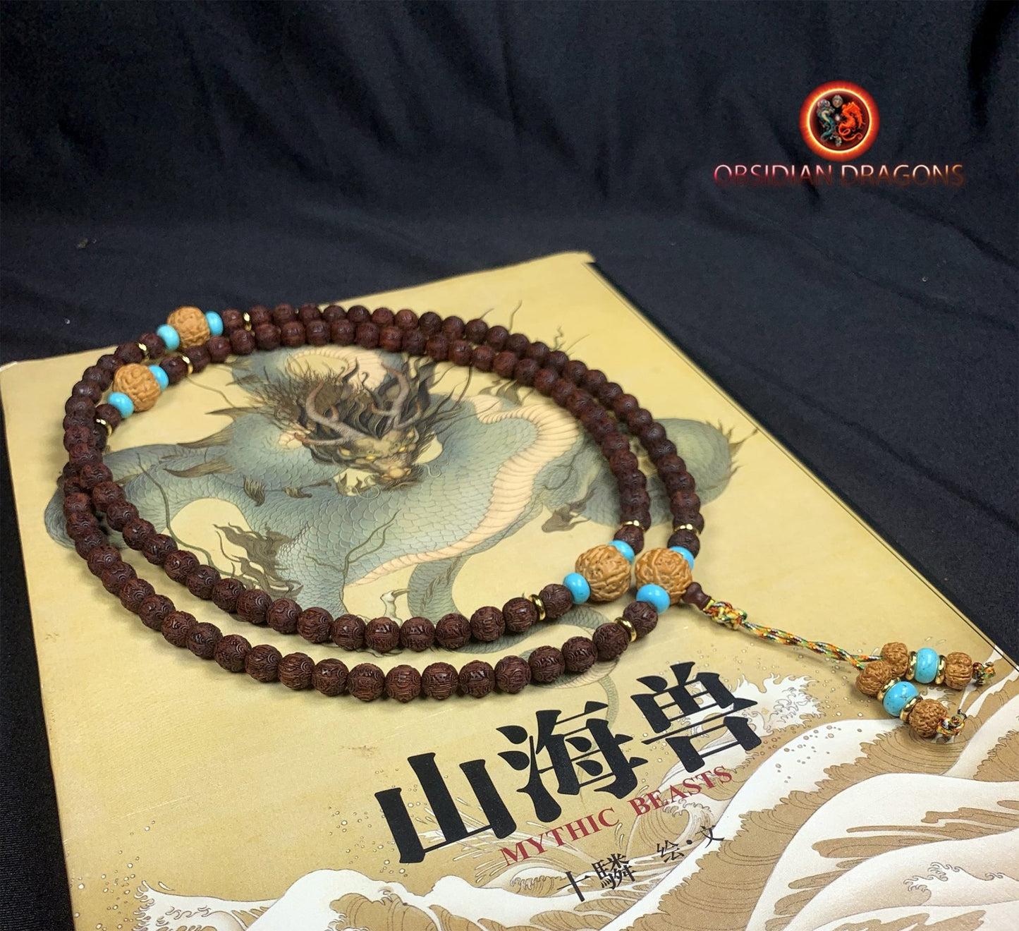 Mala artisanal- Santal rouge, turquoise et Rudraksha