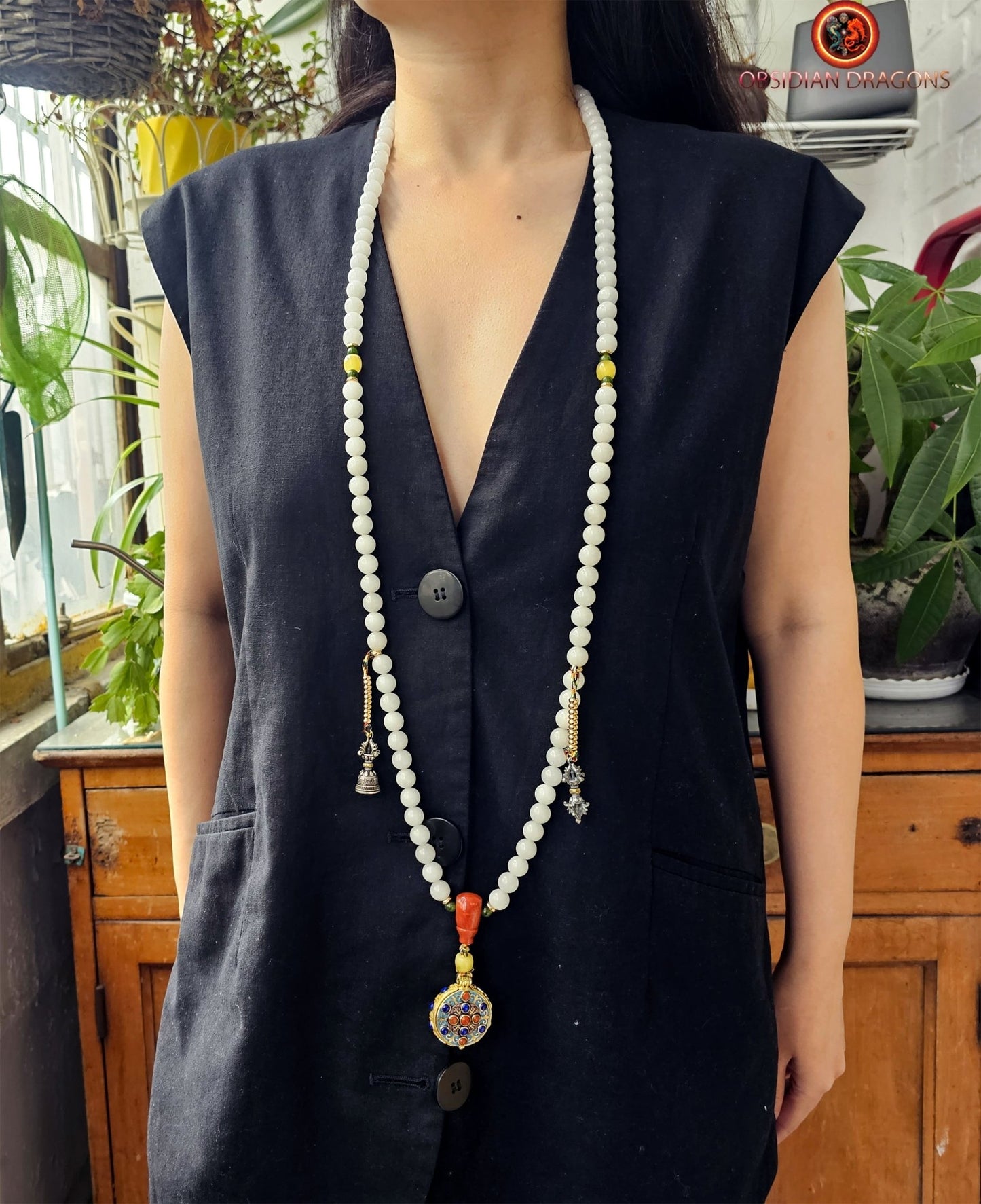 mala en jade blanc- ambre- agate nan hong