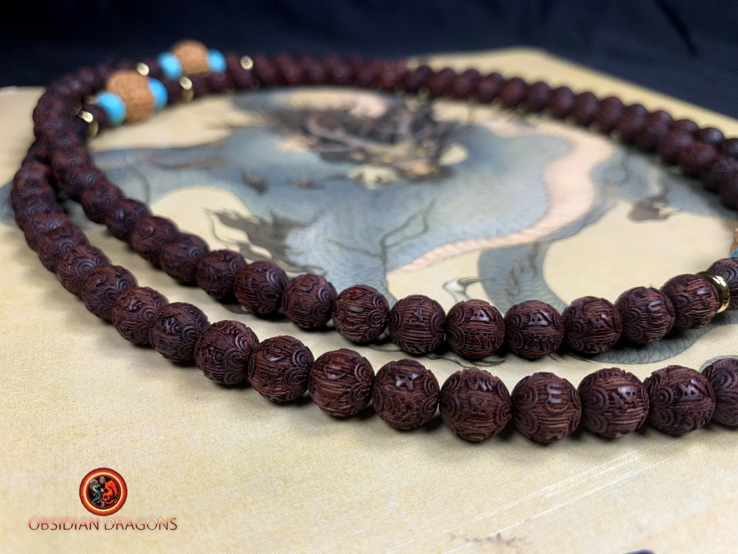 Mala artisanal- Santal rouge, turquoise et Rudraksha