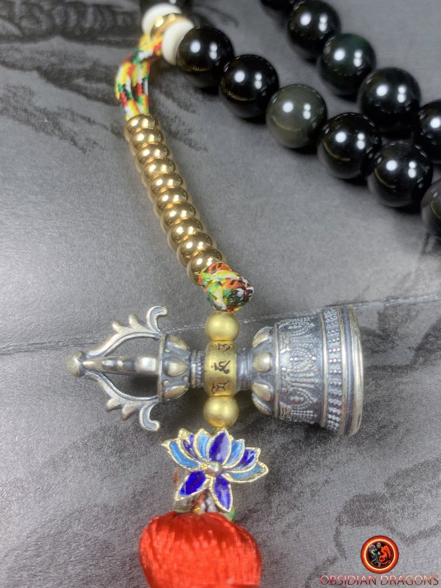 Mala artisanal en obsidienne oeil celeste- Pendentif bouddha