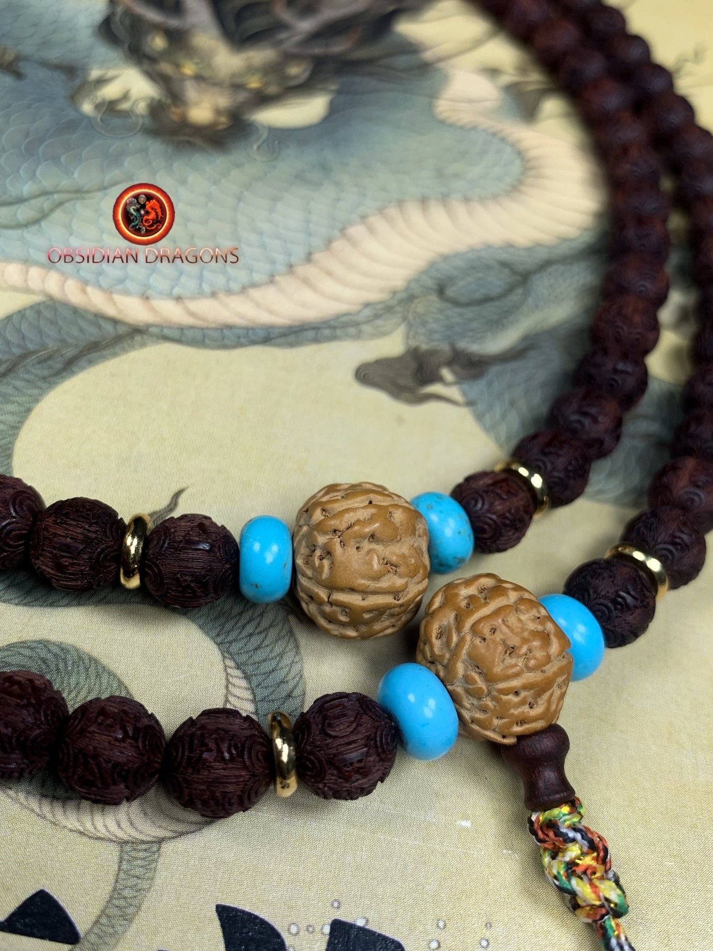 Mala artisanal- Santal rouge, turquoise et Rudraksha