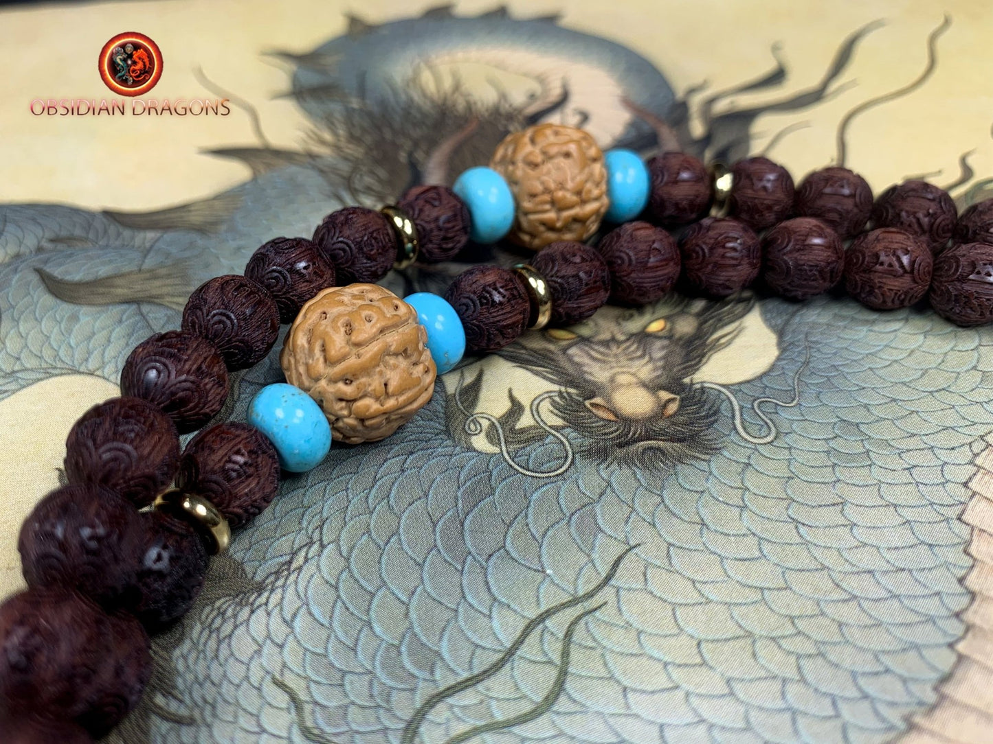 Mala artisanal- Santal rouge, turquoise et Rudraksha