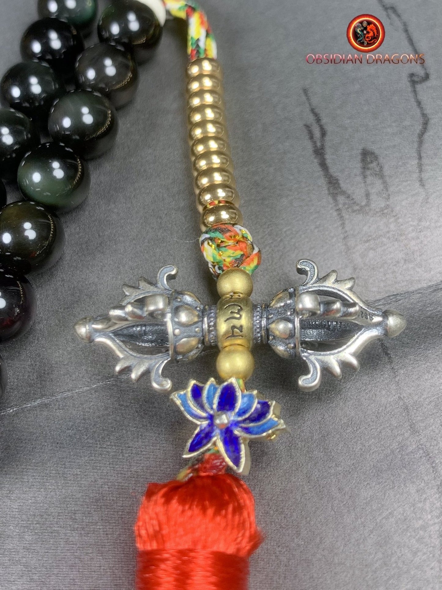 Mala artisanal en obsidienne oeil celeste- Pendentif bouddha