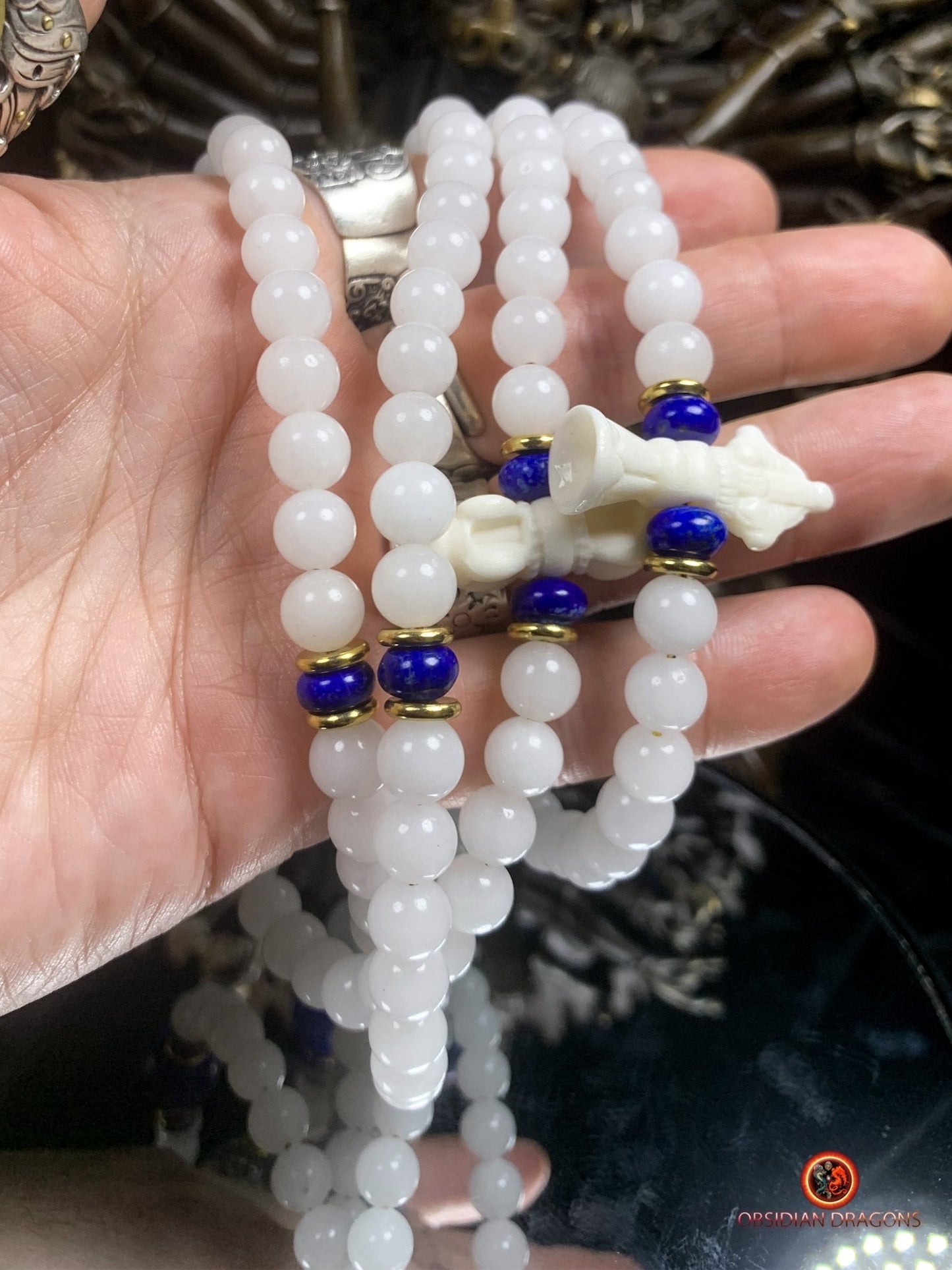 Mala en jade blanc et lapis lazuli- artisanal | obsidian dragons