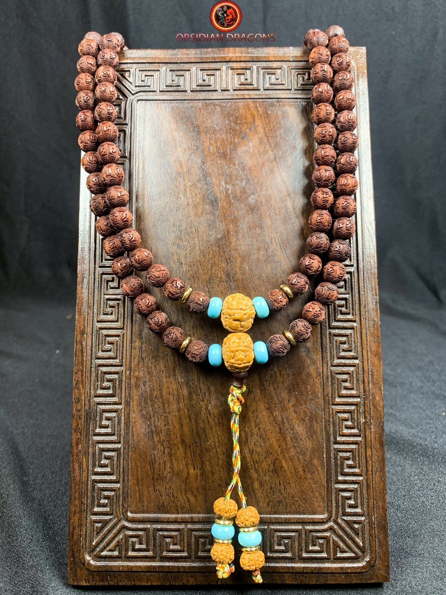 Mala artisanal- Santal rouge, turquoise et Rudraksha