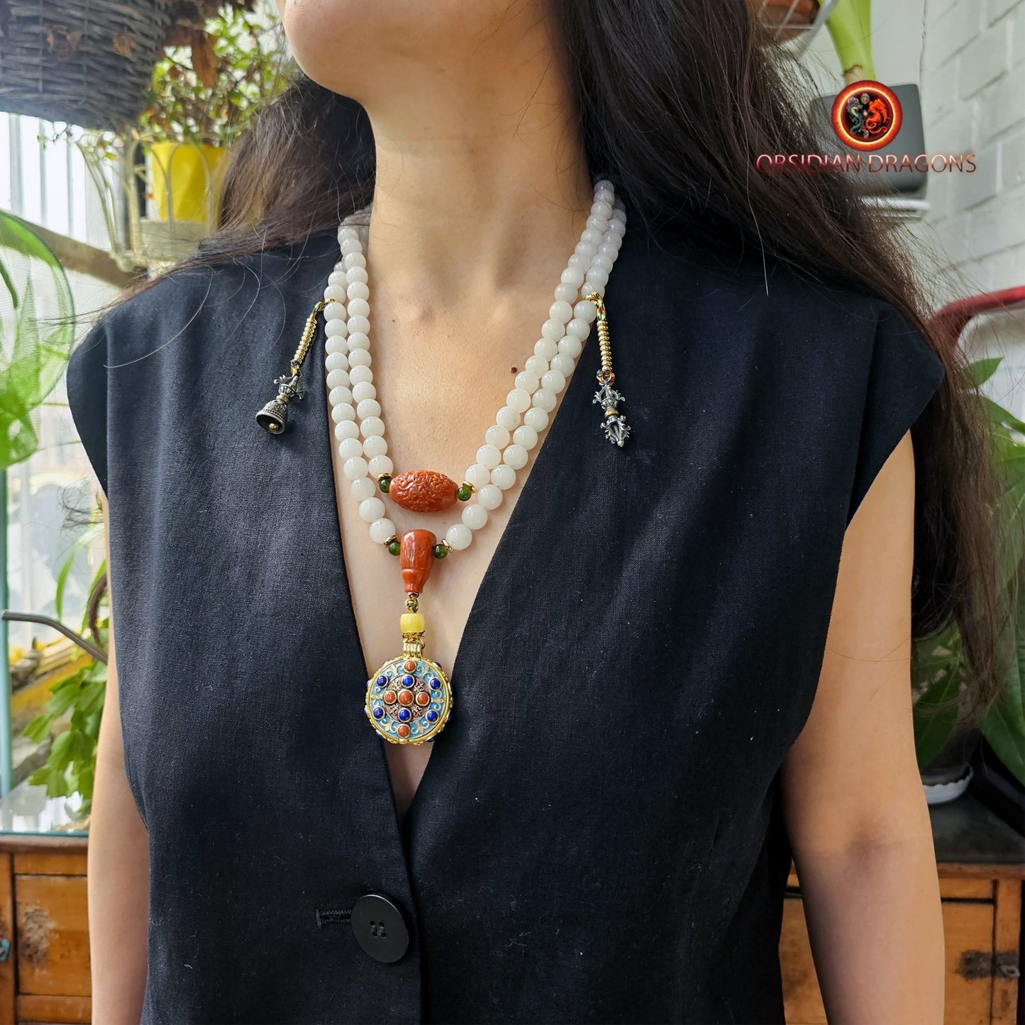 mala en jade blanc- ambre- agate nan hong