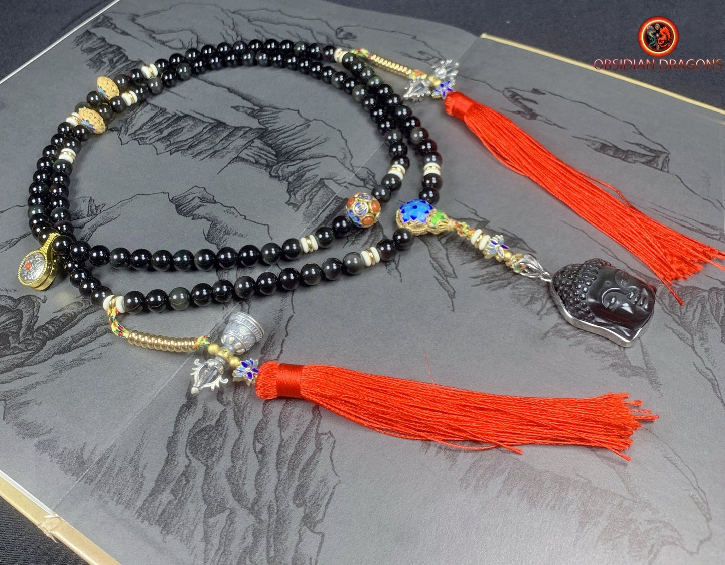 Mala artisanal en obsidienne oeil celeste- Pendentif bouddha